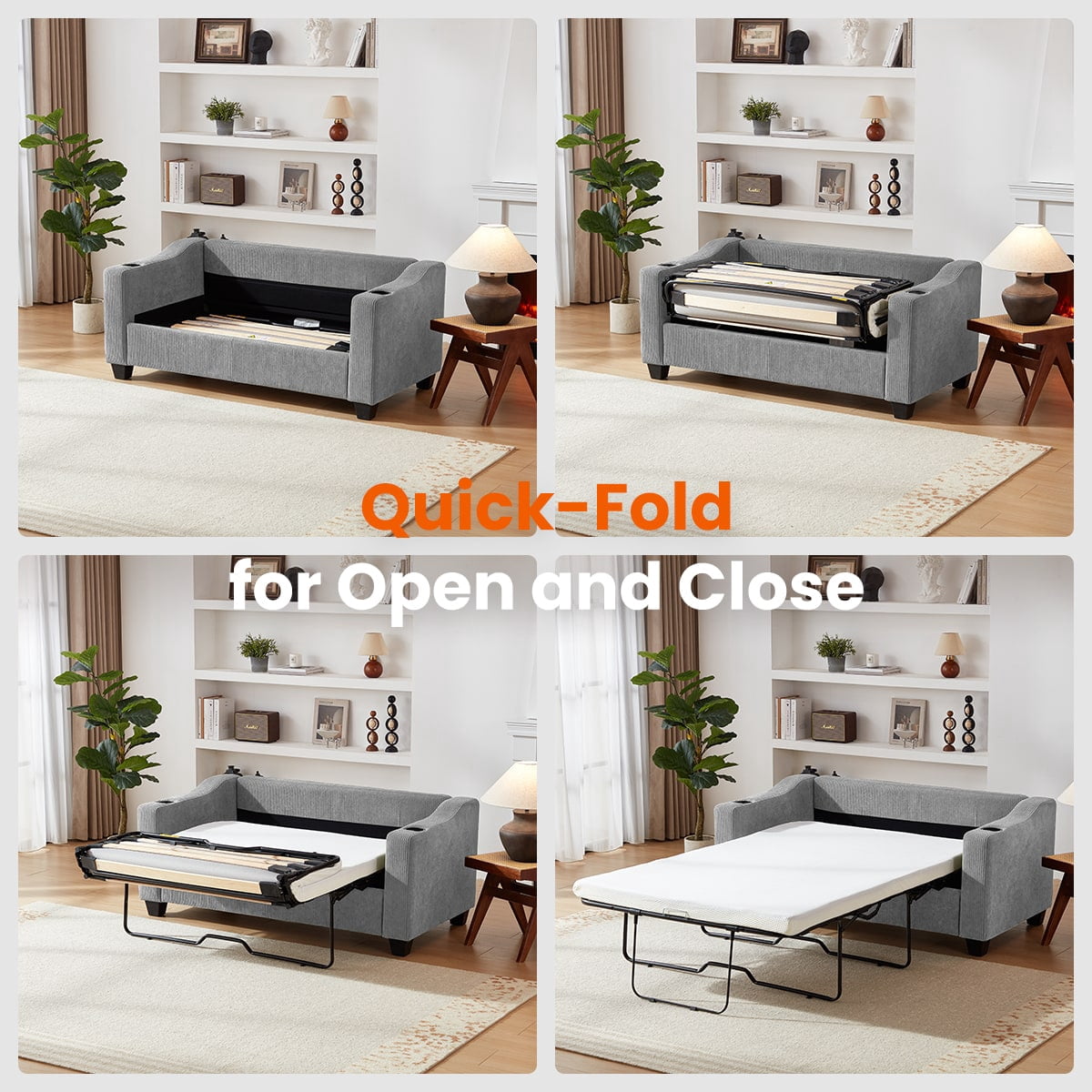 CHIC HOUSE Pull Out Sofa Bed Couch Queen Size with Mattress USB, Convertible Sleeper Sofa Loveseat for Small Spaces RV, Corduroy Pull Out Couch Bed for Living Room with Cup Holders LED Lights, Beige
