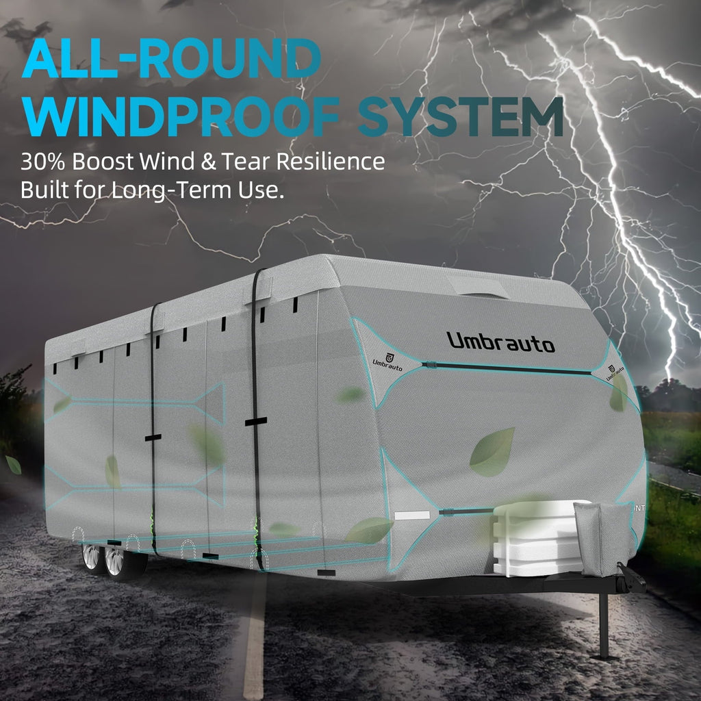 RV Cover for 35-38FT Travel Trailer, 7-Layers Top Camper Cover with Tongue Jack Cover/Windproof Straps/Gutter Covers and Other Accessories Kit