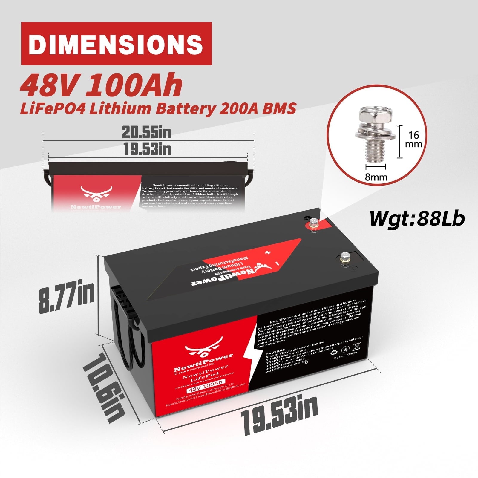 NewtiPower  36V 135Ah LiFepo4 Lithium Battery with 200A BMS&APP,  Top Post for Golf Cart
