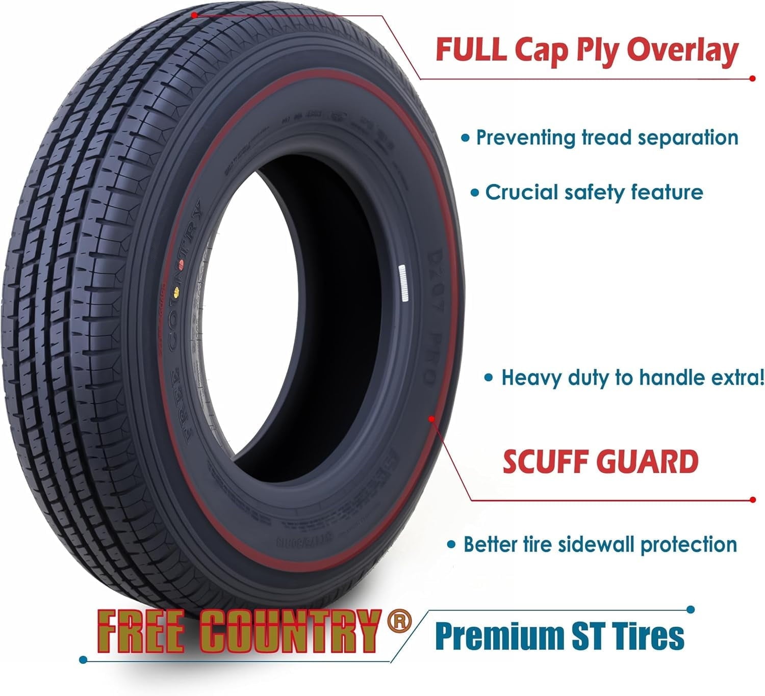 Free Country ST 205/75R15 8 Ply /Load Range D w/Scuff Guard Trailer Tires, Set of 4