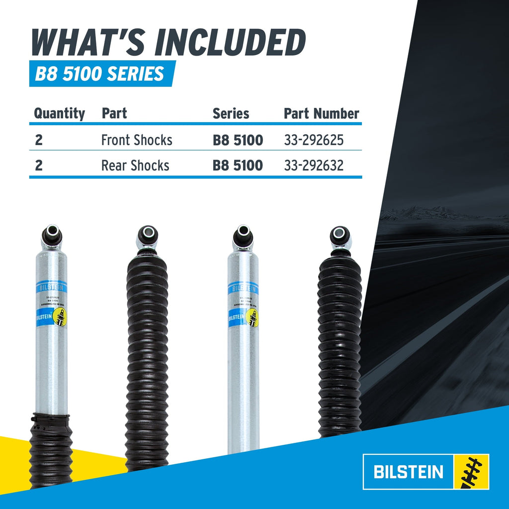 Bilstein Set of Front and Rear B8 5100 Series Shocks with Steering Stabilizer Compatible with 2020-2025 Wrangler with 2-3 Rear Lift