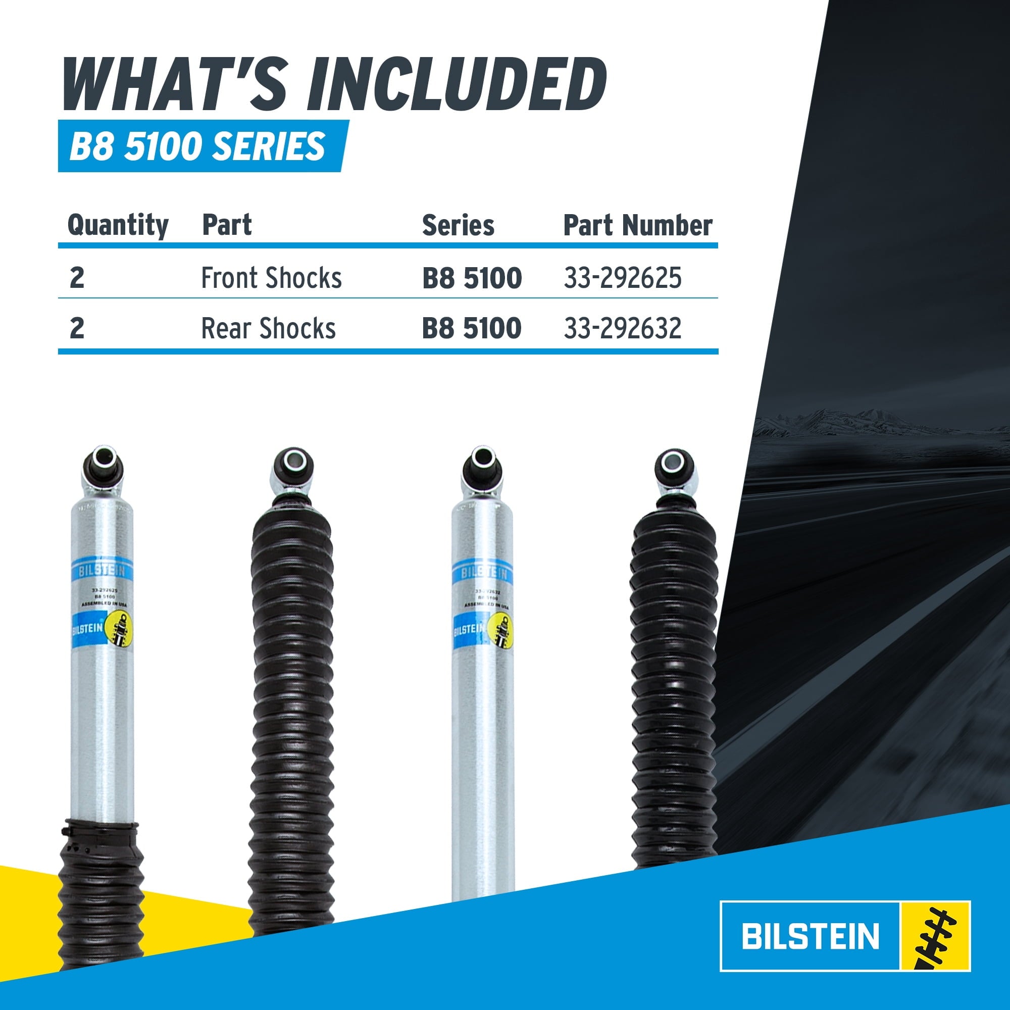 Bilstein Set of Front and Rear B8 5100 Series Shocks with Steering Stabilizer Compatible with 2020-2025 Wrangler with 2-3 Rear Lift