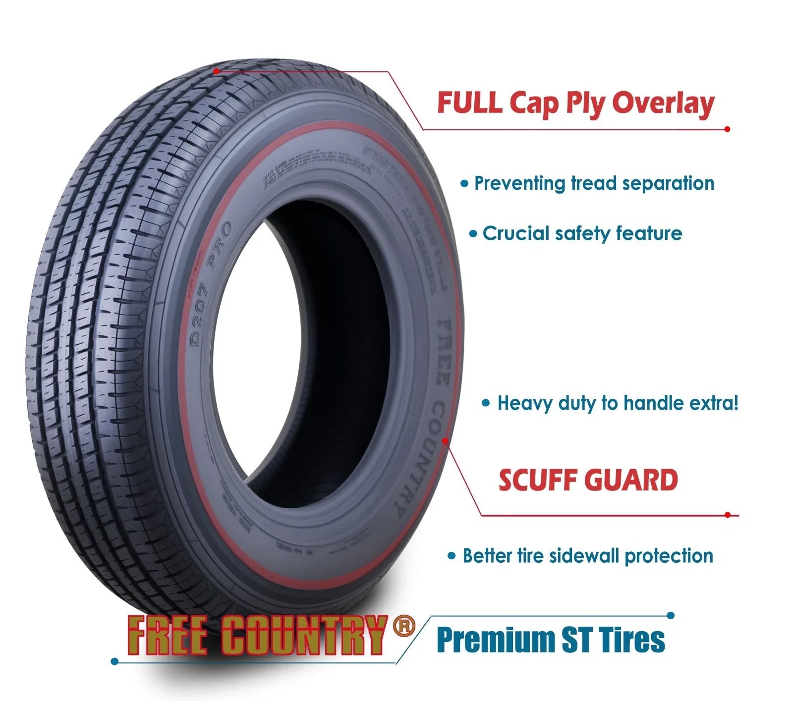 Free Country Heavy Duty ST205/75R15 10PR Load Range E Steel Belted Radial w/Scuff Guard Trailer Tire, Set of 4