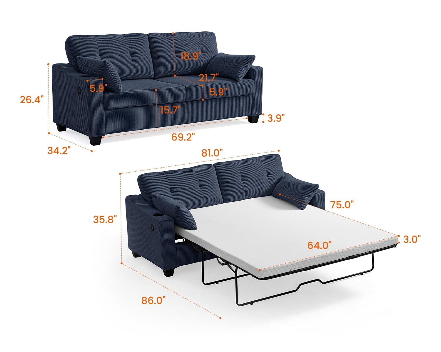 CHIC HOUSE Pull Out Sofa Bed Couch Queen Size with Mattress USB, Convertible Sleeper Sofa Loveseat for Small Spaces RV, Corduroy Pull Out Couch Bed for Living Room with Cup Holders LED Lights, Beige