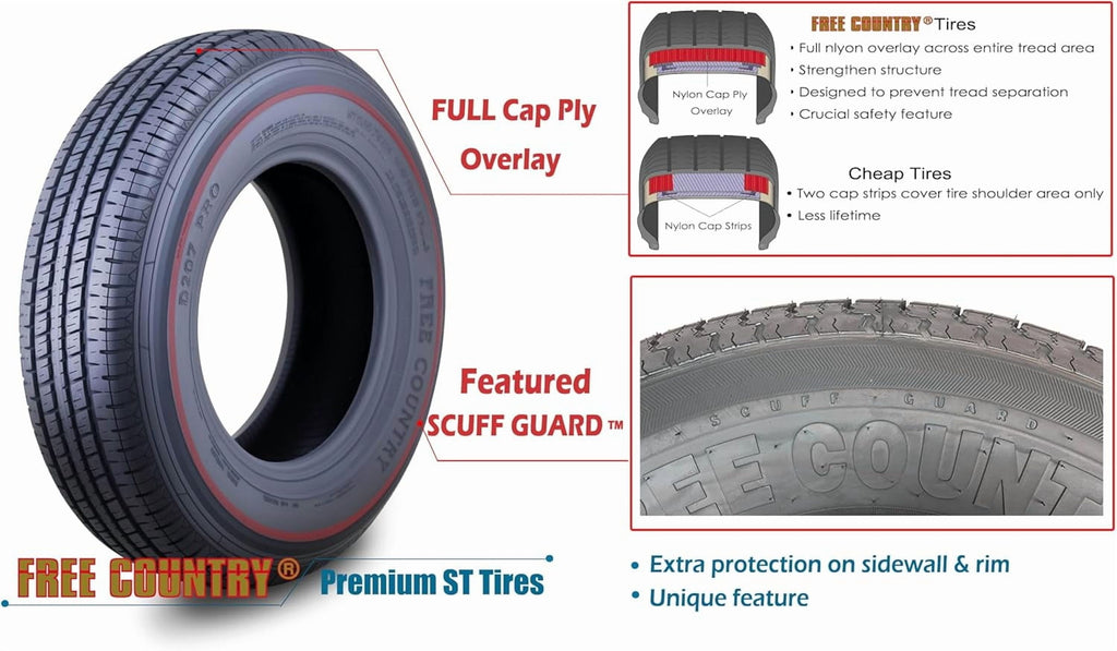 Free Country ST 205/75R15 8 Ply /Load Range D w/Scuff Guard Trailer Tires, Set of 4
