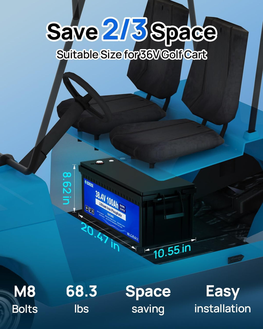 DC HOUSE Upgraded 36V 100Ah Lithium Golf Cart Battery w/Switch, Lifepo4 Battery with 36V 25A Charger, Bluetooth & LCD Monitor, 200A BMS, Peak Current 670A,for Trolling Motors,Marine