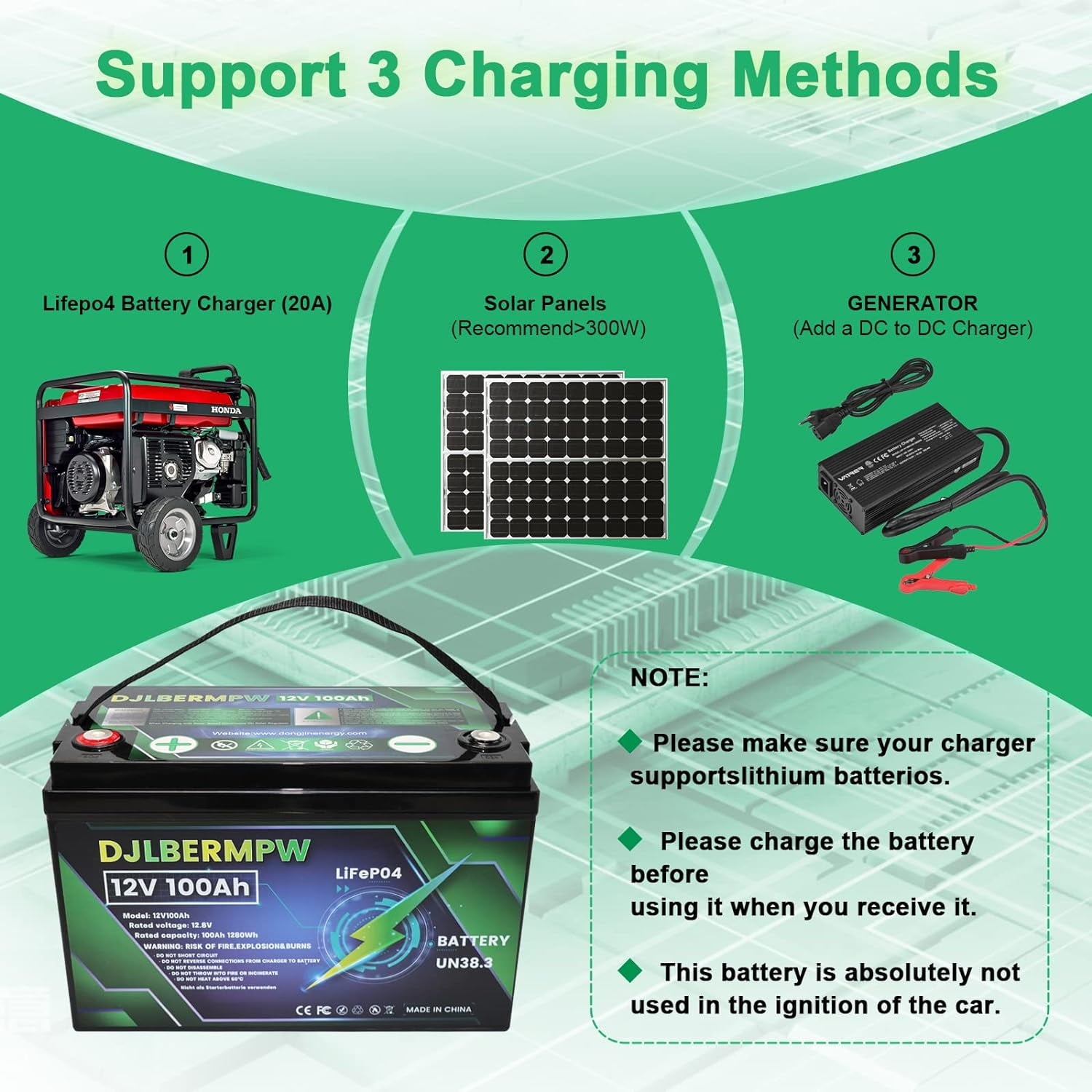 4Pack 12V 100Ah LiFePO4 Lithium Battery, DJLBERMPW 15000+ Deep Cycle Battery 100A BMS for 3HP Golf Cart, Marine, Backup Power, Solar System