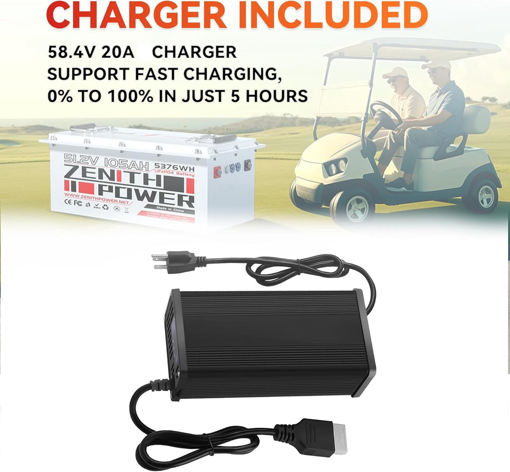 48V 105Ah LiFePO4 Golf Cart Lithium Battery, 200A BMS, 20A Charger, 4.3in LCD Display, 4000+ Deep Cycle Lithium Battery, Replacement for Lead-Acid in EZGO, Club Car, Yamaha