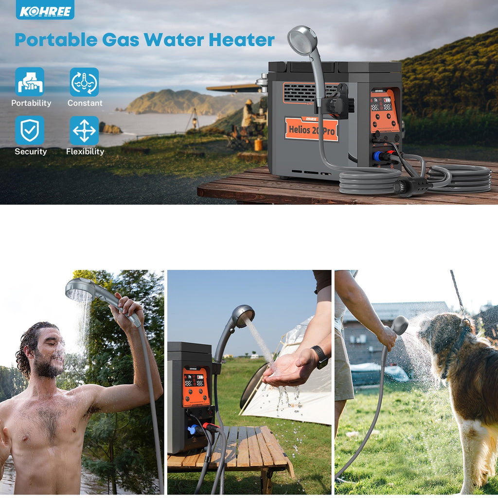 Kohree Helios 20 Pro, Portable Water Heater for RV Camping, Propane On-Demand Water Heater 20,000 BTU 4000mAh 1.6h Rechargeable Battery for Camping Outdoor Use