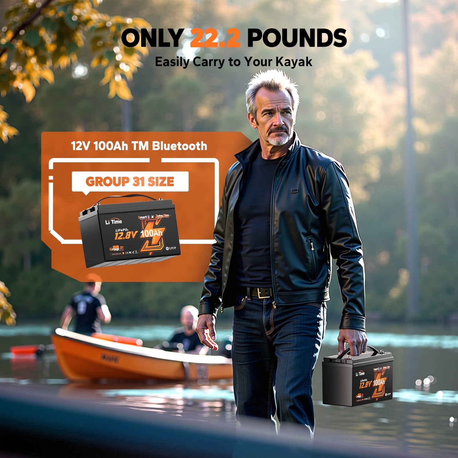 LiTime 12V 100Ah TM Bluetooth Lithium LiFePO4 Battery Low Temp Protection 1280W for Trolling Motor