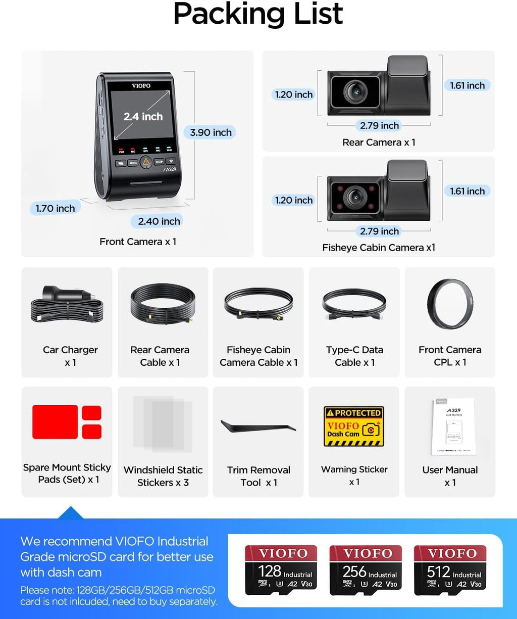 Bundle: VIOFO A329S 4K 3 Channel + HK4 Hardwire Kit with 8pcs Fuse Tap 4K Front + 2K Cabin Fisheye (210°) + 2K Rear, Power Saving Parking Mode,  STARVIS 2 Sensors, up to 4TB SSD Storage