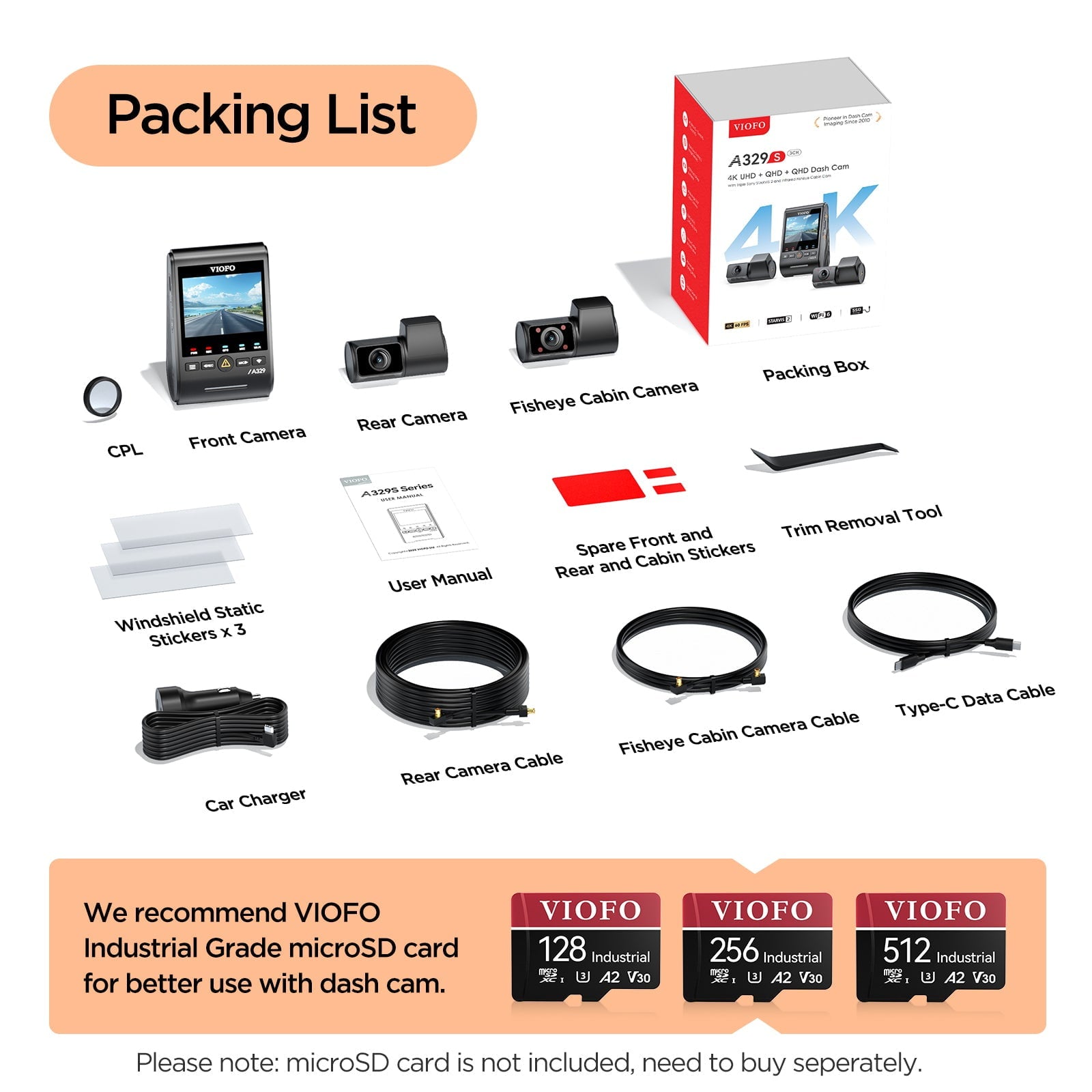 VIOFO A329S 3-Channel 4K Dash Cam – 4K Front, 2K Cabin, 2K Rear