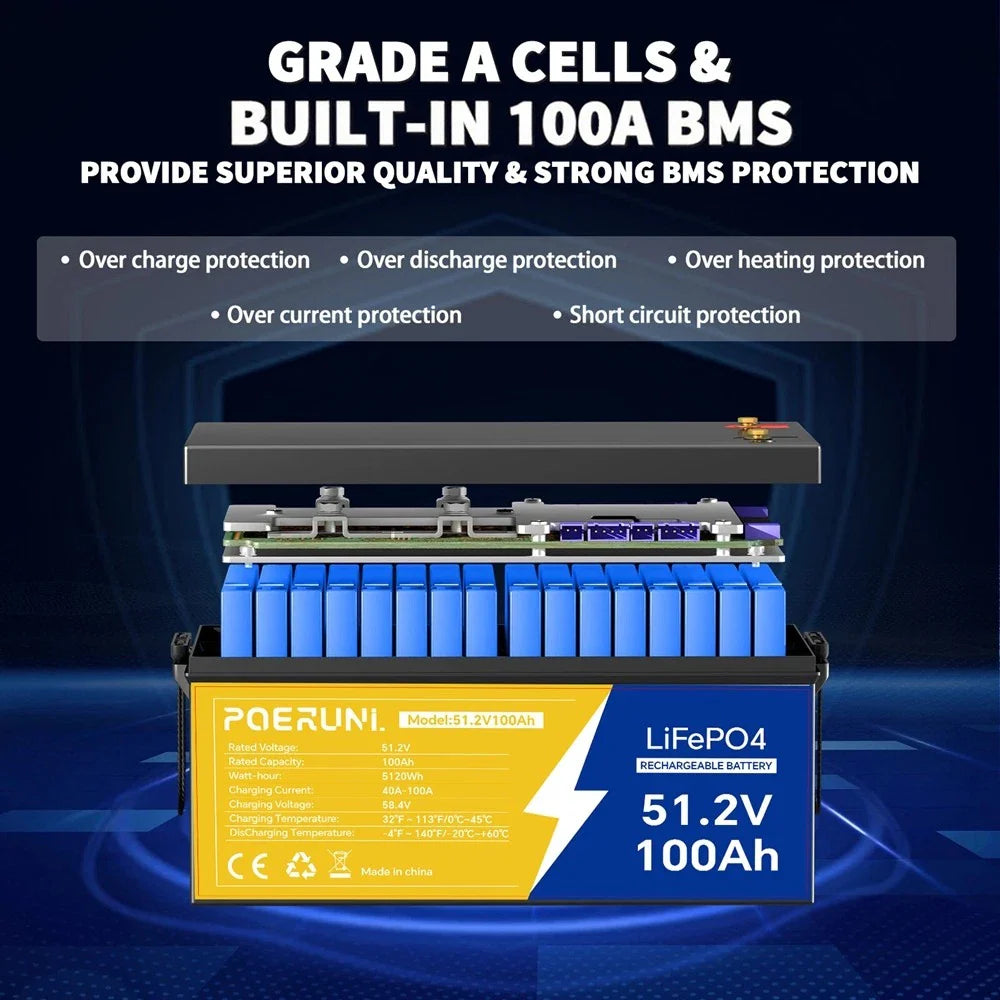 POERUNI 48V 100Ah LiFePO4 Lithium Battery BMS Deep Cycles for RV Solar Boat Golf Cart