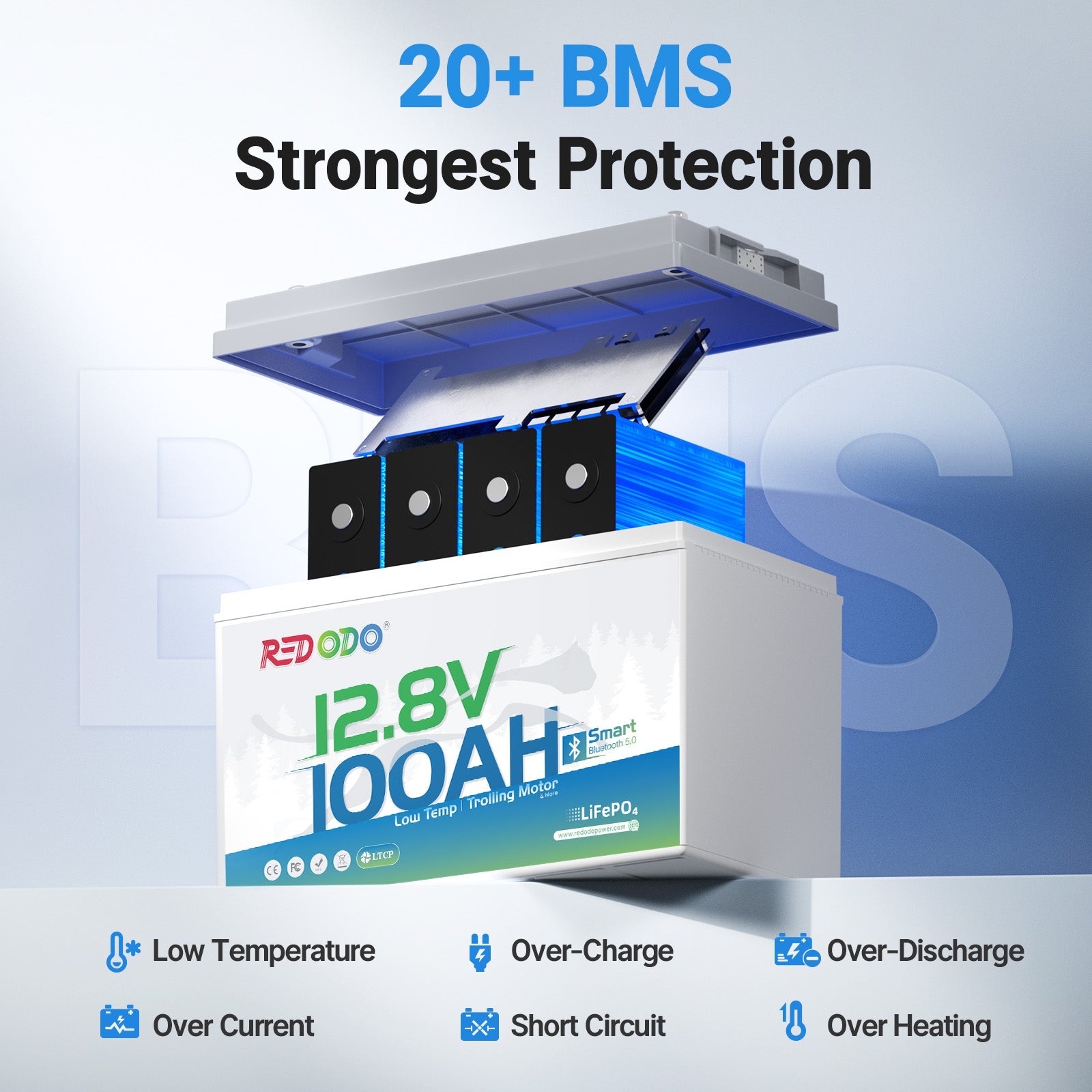 Redodo 12V 100Ah LiFePO4 Battery Bluetooth 100A BMS Remote Control Lithium Battery Low-Temp Protection for Trolling Motor RV
