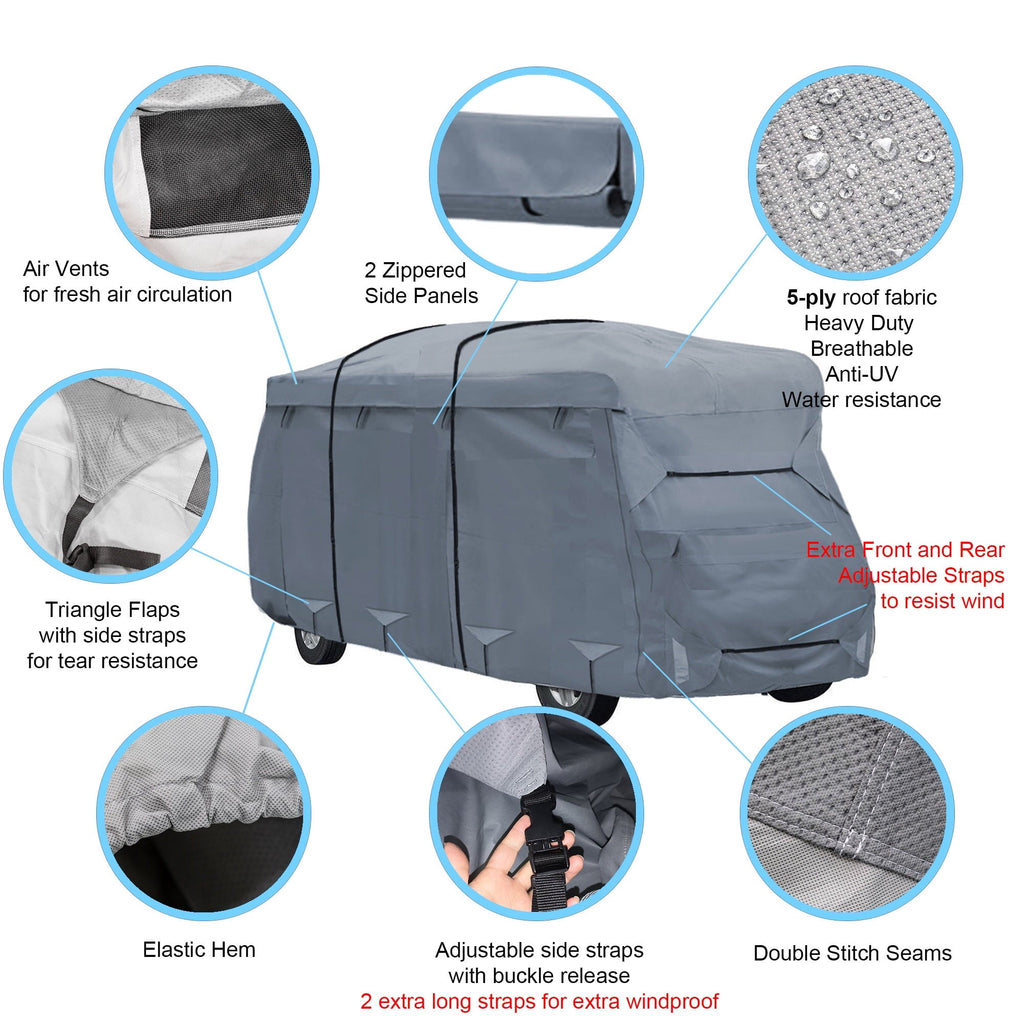 GEARFLAG Class C RV Camper Cover Fits 20'-23', Gray, Multi-Layers Top Fabric, Adjustable Covers, Reinforced Windproof RV Cover Motorhome 292L x 105W x 110H in, 1 Piece