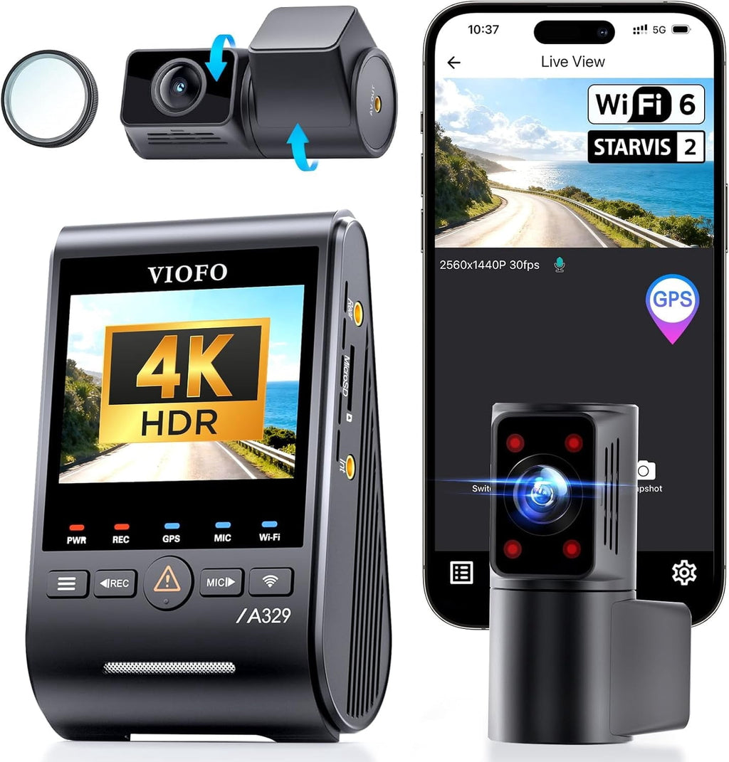 Bundle: VIOFO A329S 4K 3 Channel + HK4 Hardwire Kit with 8pcs Fuse Tap 4K Front + 2K Cabin Fisheye (210°) + 2K Rear, Power Saving Parking Mode,  STARVIS 2 Sensors, up to 4TB SSD Storage