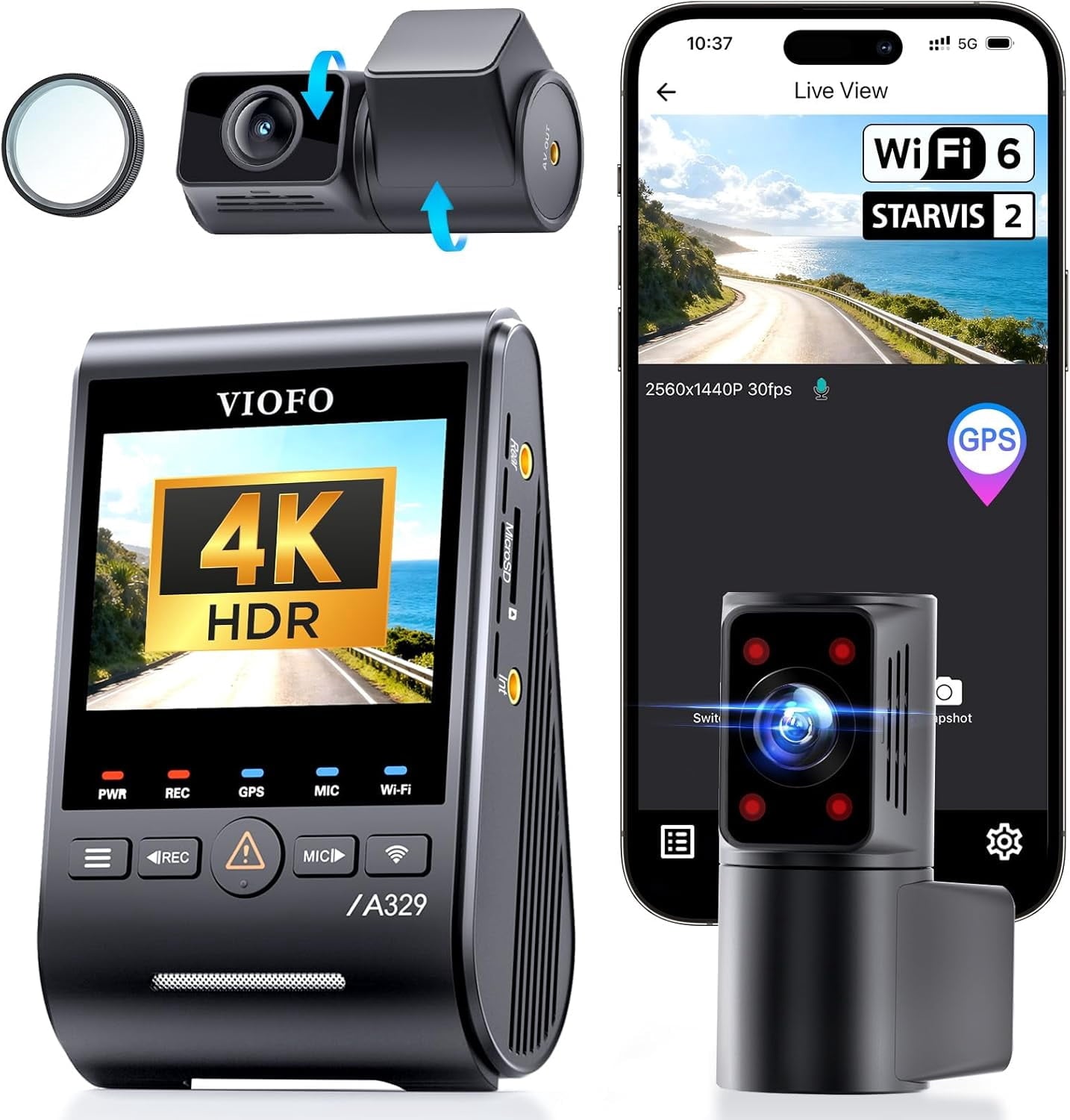 Bundle: VIOFO A329S 4K 3 Channel + HK4 Hardwire Kit with 8pcs Fuse Tap 4K Front + 2K Cabin Fisheye (210°) + 2K Rear, Power Saving Parking Mode,  STARVIS 2 Sensors, up to 4TB SSD Storage