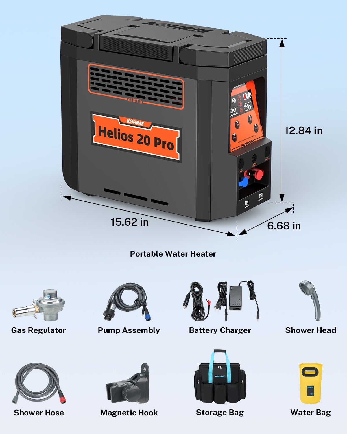 Kohree Helios 20 Pro, Portable Water Heater for RV Camping, Propane On-Demand Water Heater 20,000 BTU 4000mAh 1.6h Rechargeable Battery for Camping Outdoor Use