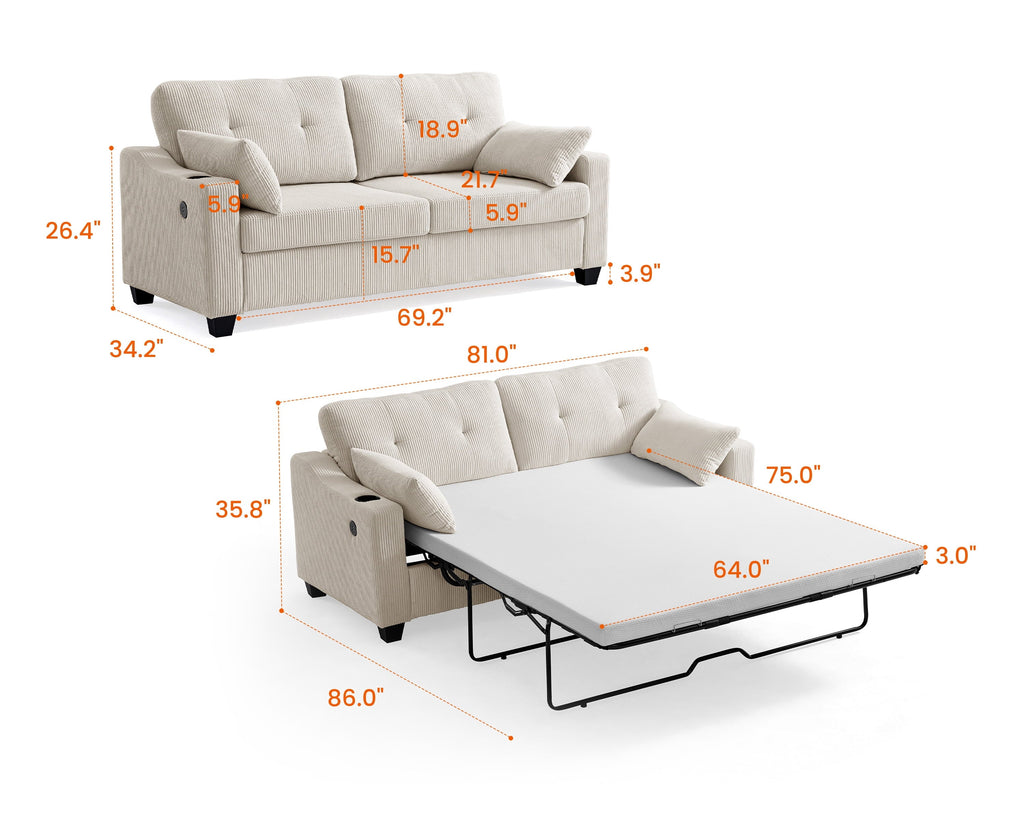 CHIC HOUSE Pull Out Sofa Bed Couch Queen Size with Mattress USB, Convertible Sleeper Sofa Loveseat for Small Spaces RV, Corduroy Pull Out Couch Bed for Living Room with Cup Holders LED Lights, Beige
