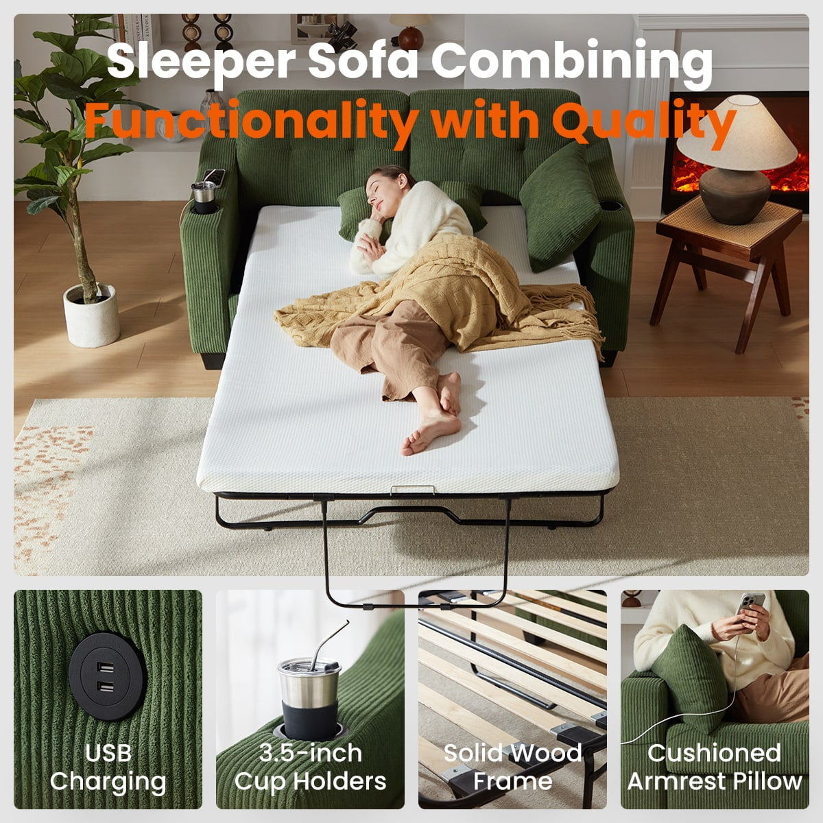 CHIC HOUSE Pull Out Sofa Bed Couch Queen Size with Mattress USB, Convertible Sleeper Sofa Loveseat for Small Spaces RV, Corduroy Pull Out Couch Bed for Living Room with Cup Holders LED Lights, Beige