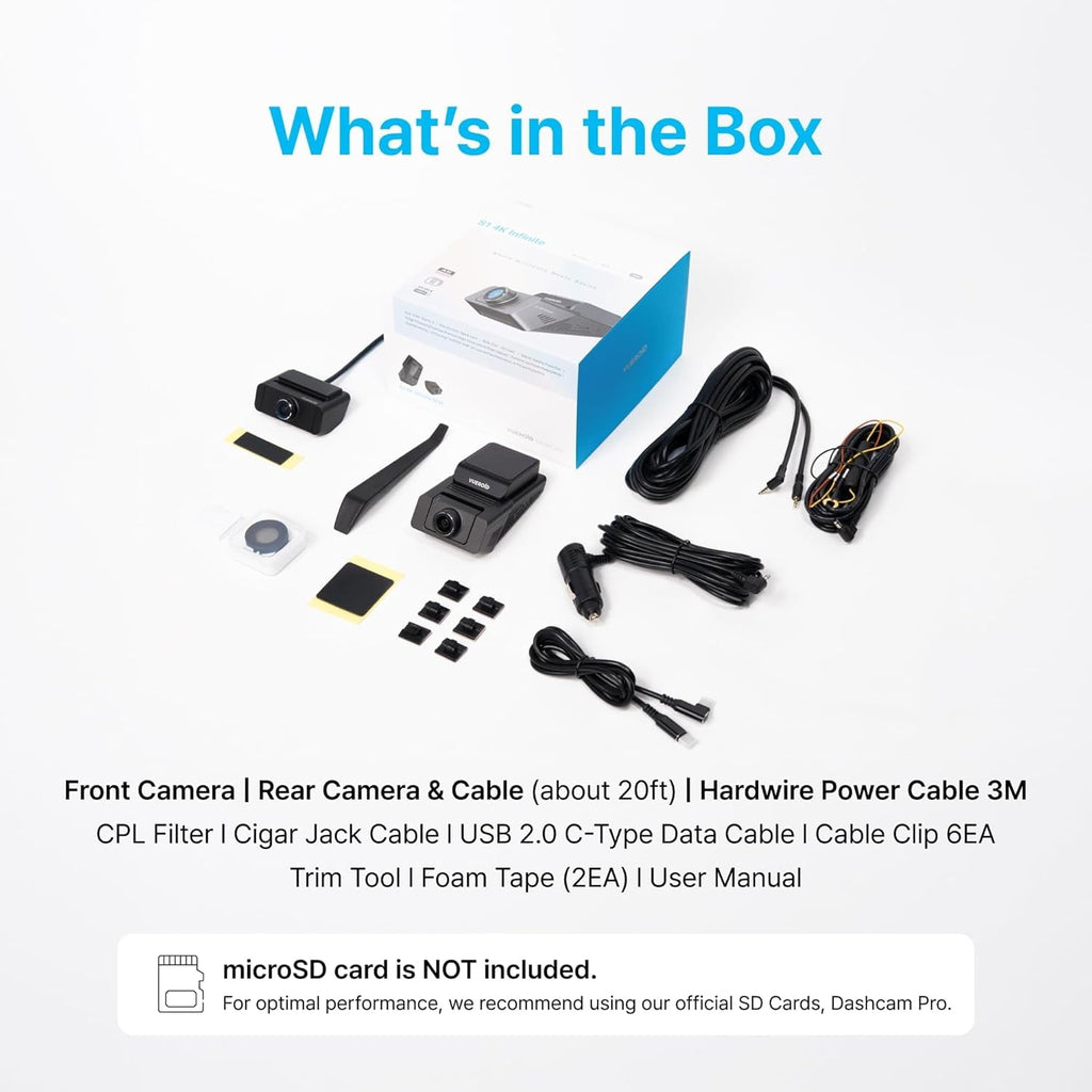 Vueroid S1 Infinite 4K 2CH Dash Cam | 4K+2.5K Sony STARVIS 2 | Privacy Mode | GPS | WiFi | DuraShift Parking Mode | CPL Filter & 256GB Card Included