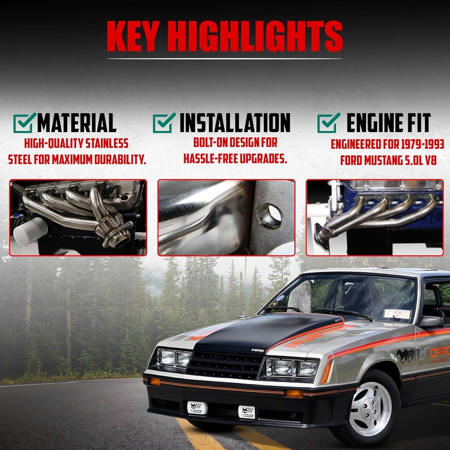 Polished 304 Stainless Steel Shorty Headers for 1979 1993 Ford Mustang 5.0L V8 Fox Body GT LX Upgraded Copper Gaskets Direct Bolt On Exhaust Manifold (Shorty Headers)