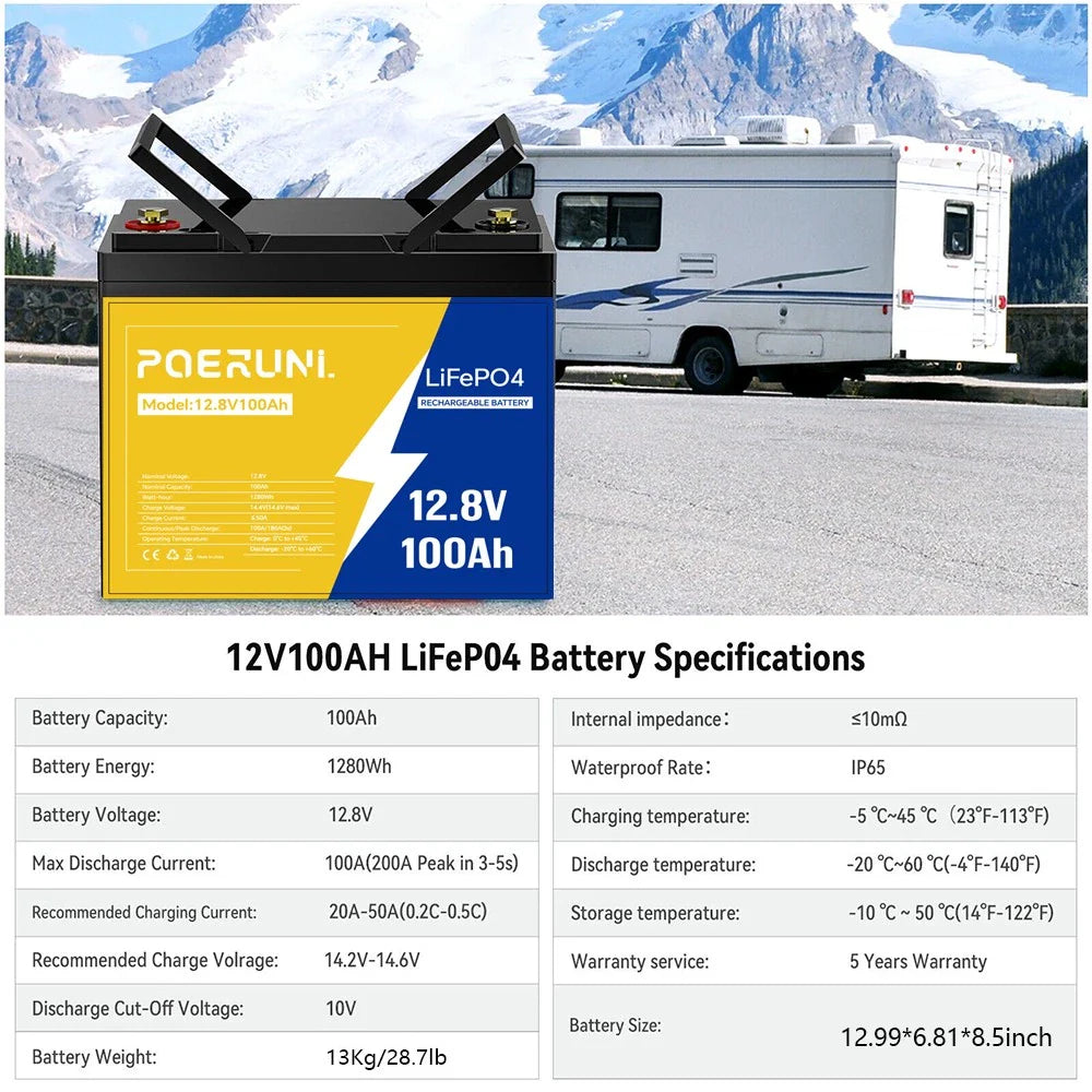 POERUNI 12V 100Ah LiFePO4 Lithium Battery Built-in BMS Cycle Deep for Solar RV Off-grid