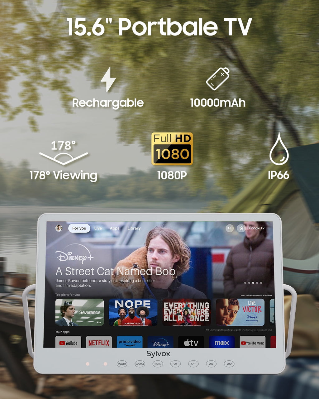 Sylvox Waterproof Portable TV,15.6Smart Google TVs with 1080P,4-6H Play Time,IP66 Waterproof,12 Volt Television with Voice Remote for RV Camping