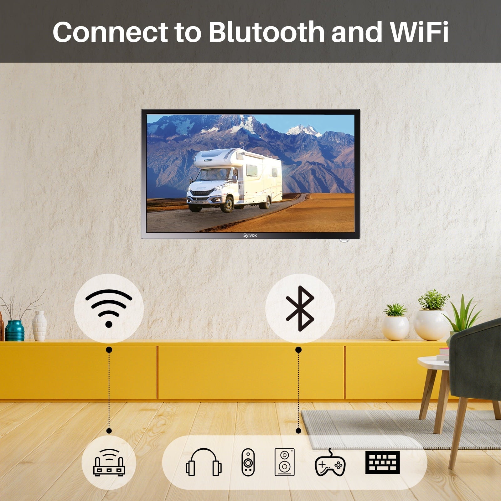 SYLVOX 27 Smart RV TV with Wall Mount, 12 Volt TV with Built-in DVD Player, 1080P Google OS ATSC NTSC WiFi Bluetooth HDMI USB, AC/DC Powered, for RV Camper Van (Trailer Series)